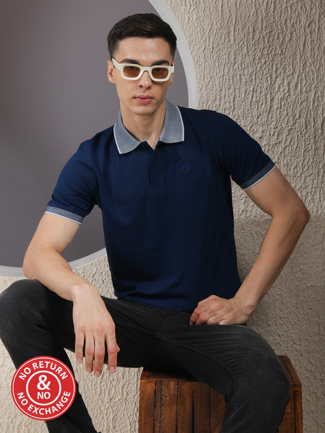 COBB SOLID DENIM BLUE POLO NECK T-SHIRT