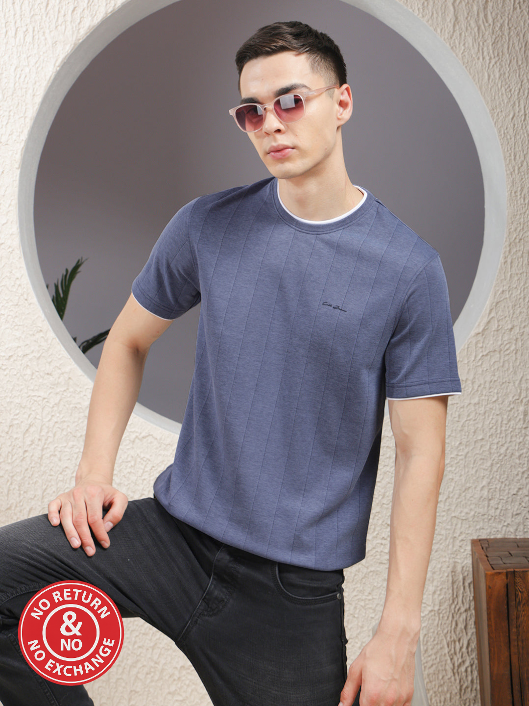 COBB CRYOLA INDIGO STRIPED ROUND NECK T-SHIRT