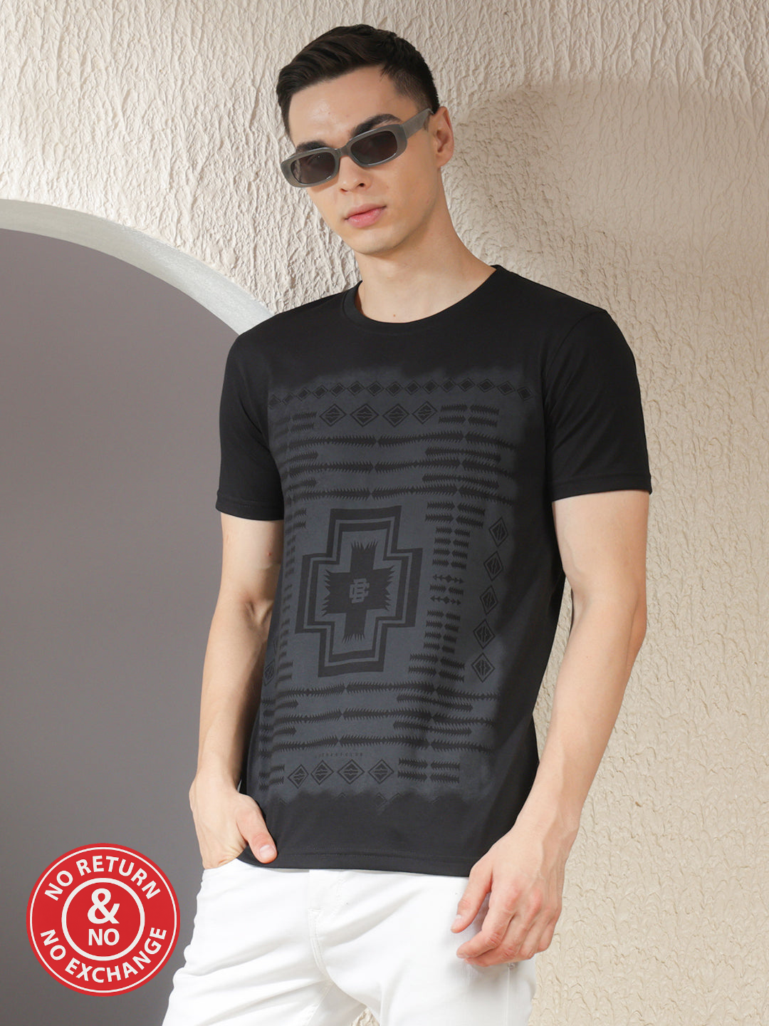 COBB BLACK PRINTED ROUND NECK T-SHIRT