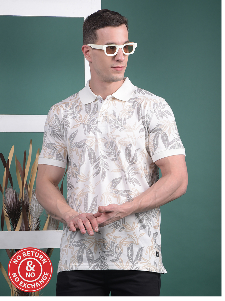COBB WHITE PRINTED POLO NECK T-SHIRT