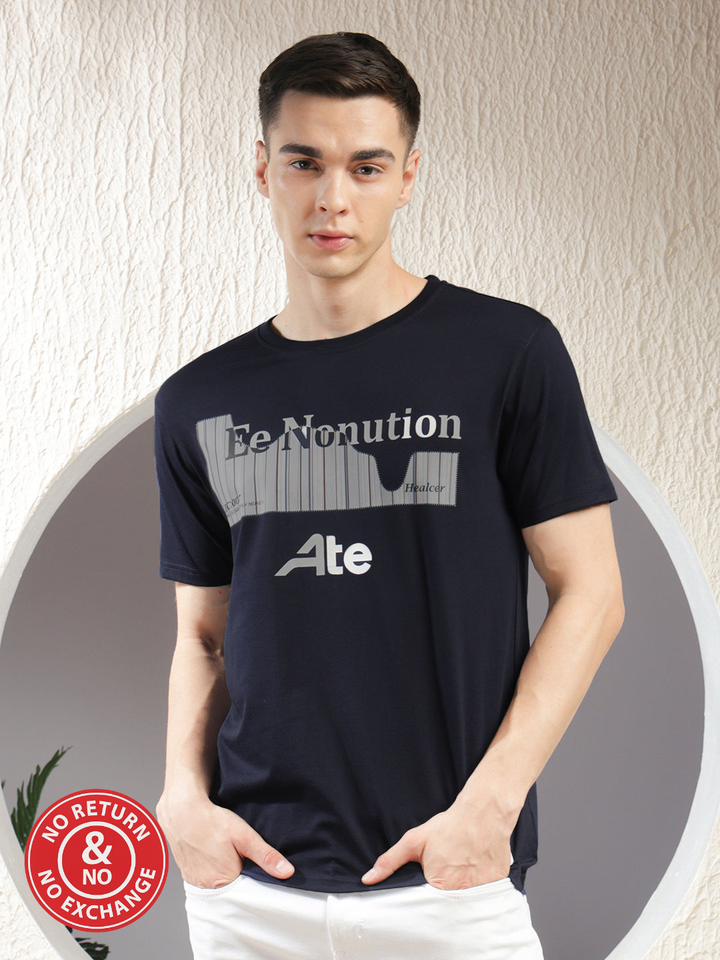 COBB NAVY BLUE PRINTED ROUND NECK T-SHIRT