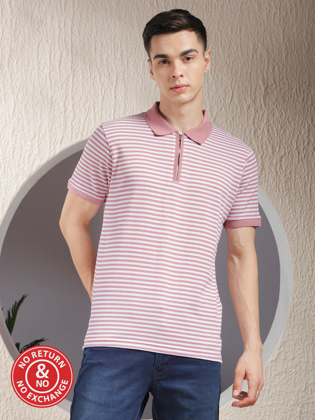 COBB PINK STRIPED POLO NECK ZIPPER T-SHIRT