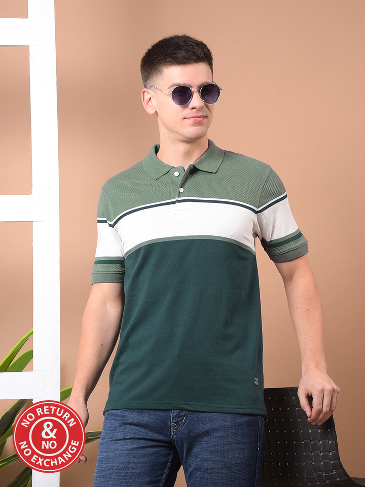 COBB GREEN COLOR-BLOCK POLO NECK T-SHIRT