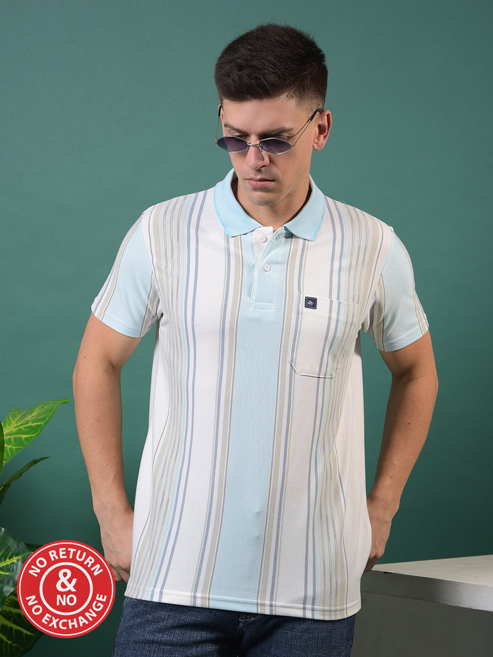 COBB OFF WHITE STRIPED POLO NECK T-SHIRT