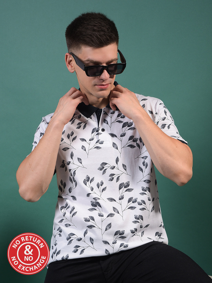COBB WHITE PRINTED POLO NECK T-SHIRT
