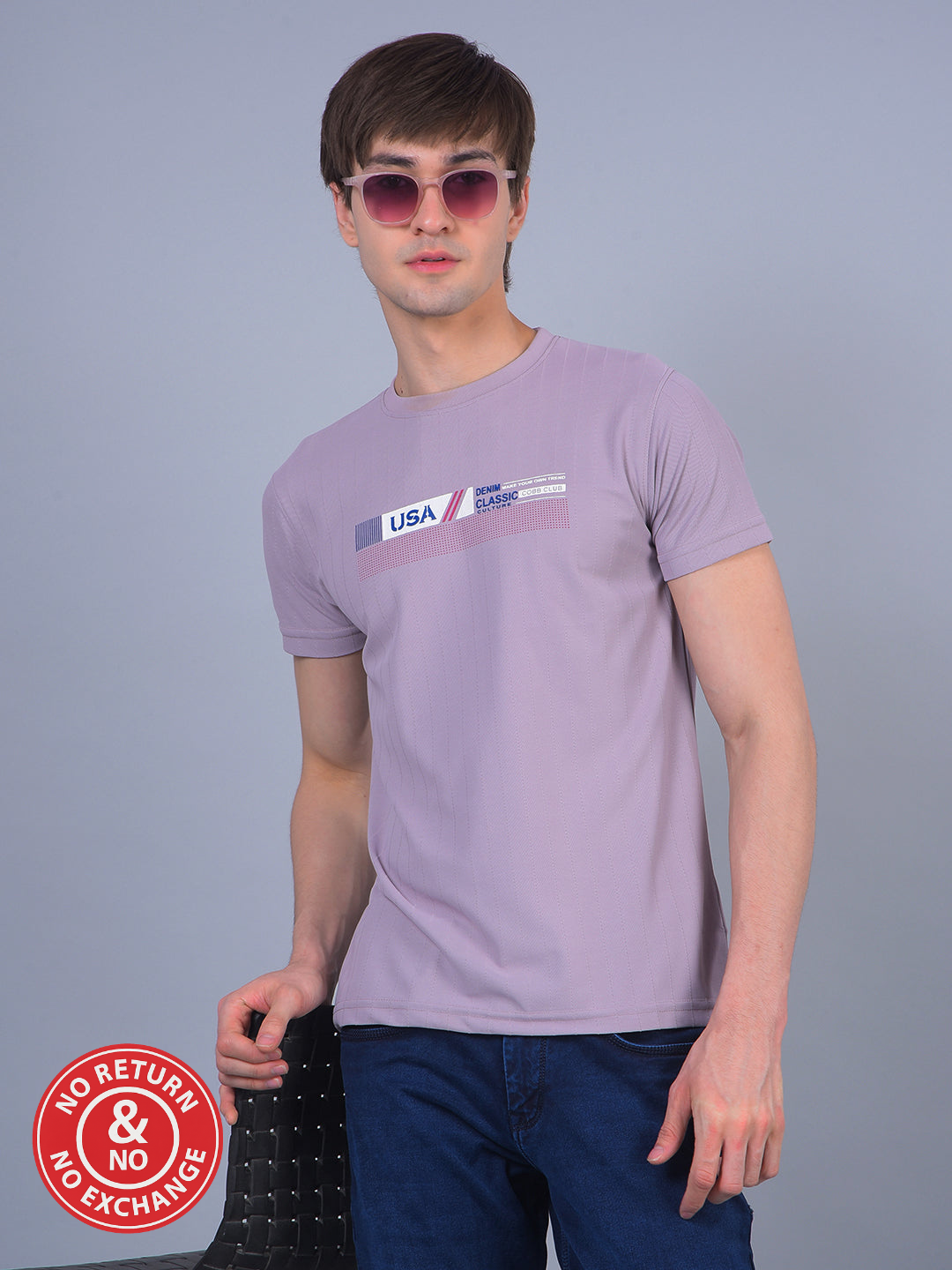 COBB LIGHT MAUVE PRINTED ROUND NECK T-SHIRT