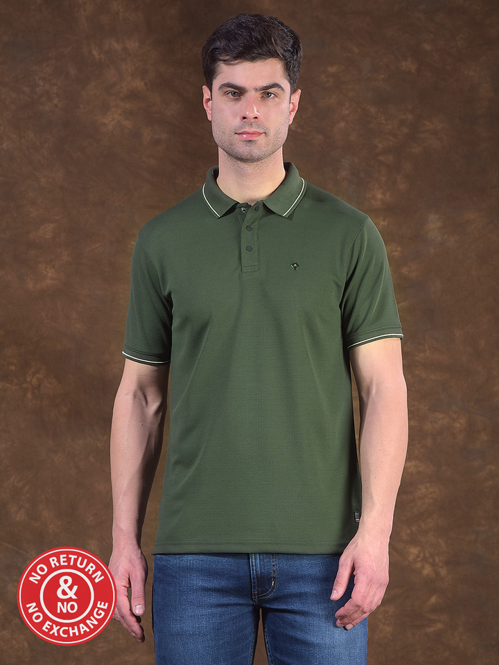COBB OLIVE SELF-DESIGN POLO NECK T-SHIRT