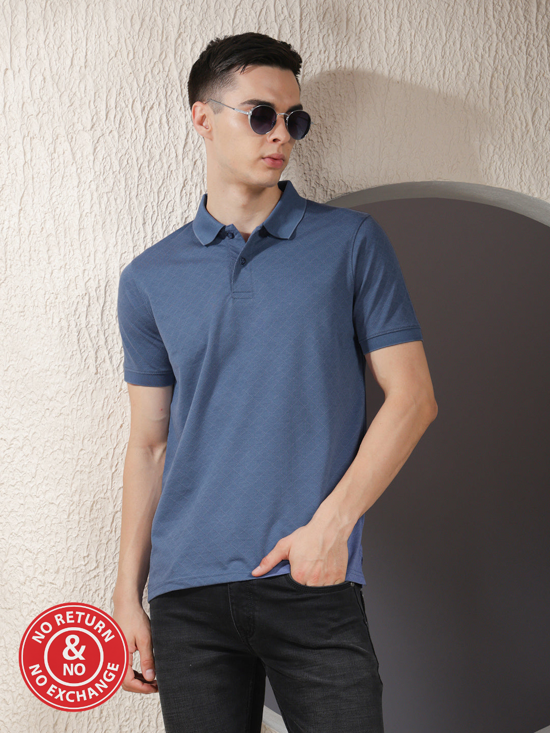 COBB BLUE SELF-DESIGN POLO NECK T-SHIRT