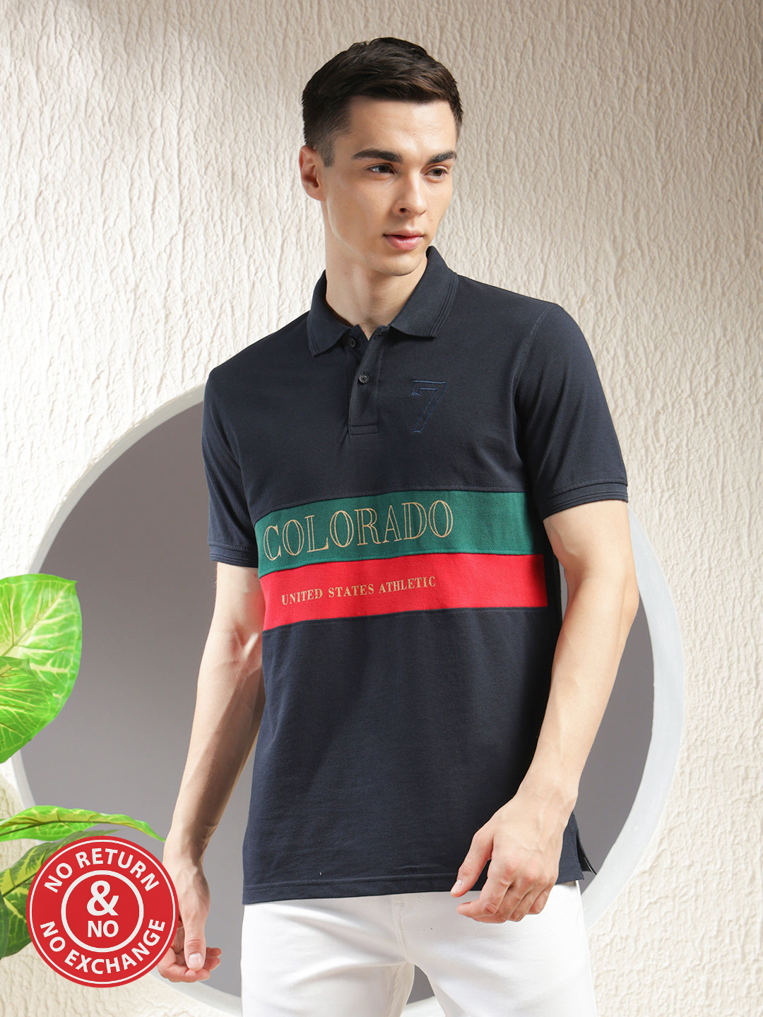 COBB NAVY BLUE COLOR-BLOCK POLO NECK T-SHIRT