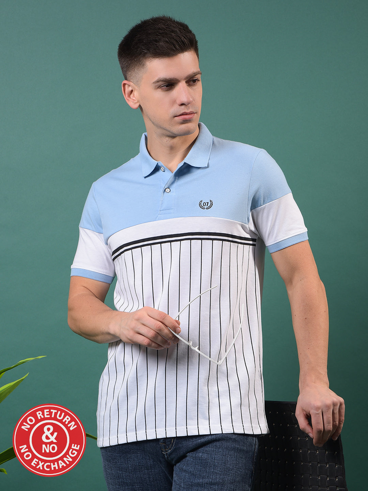 COBB SKY BLUE PRINTED POLO NECK T-SHIRT
