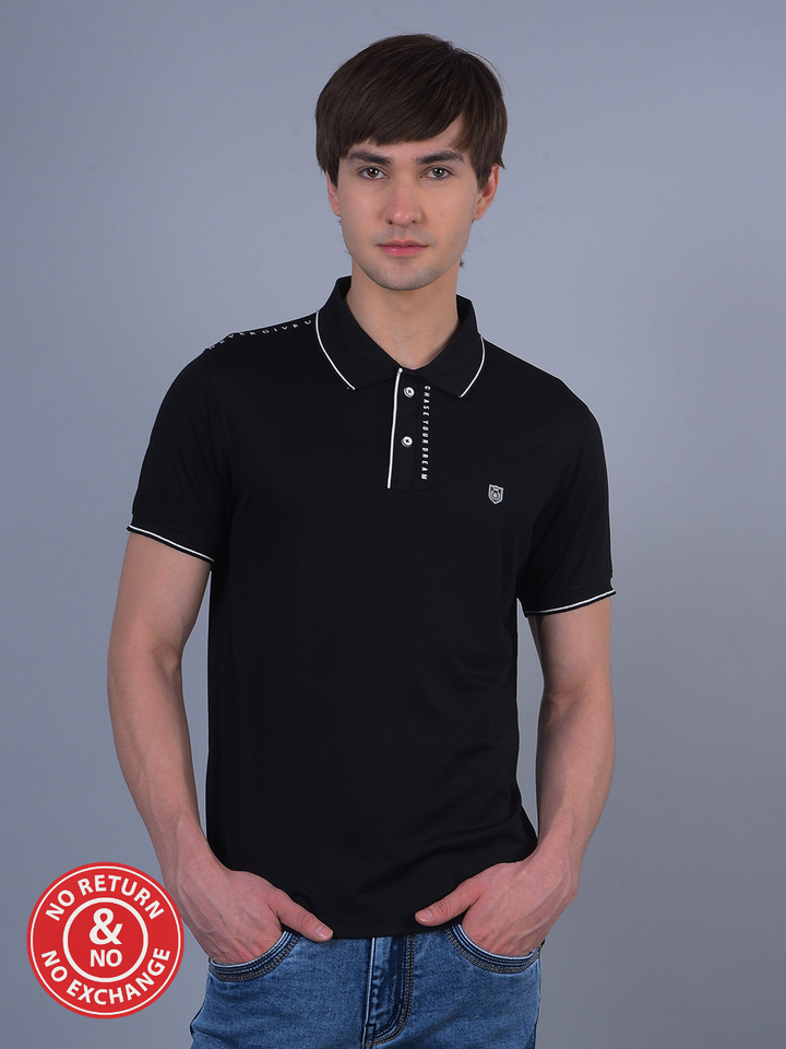 COBB BLACK PRINTED POLO NECK T-SHIRT
