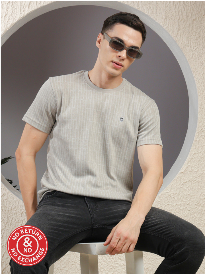 COBB CEMENT GREY SELF-DESIGN ROUND NECK T-SHIRT