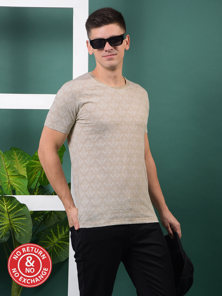 COBB BEIGE SELF-DESIGN ROUND NECK T-SHIRT