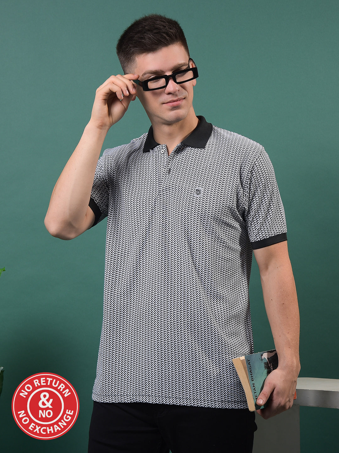 COBB BLACK SELF-DESIGN POLO NECK T-SHIRT