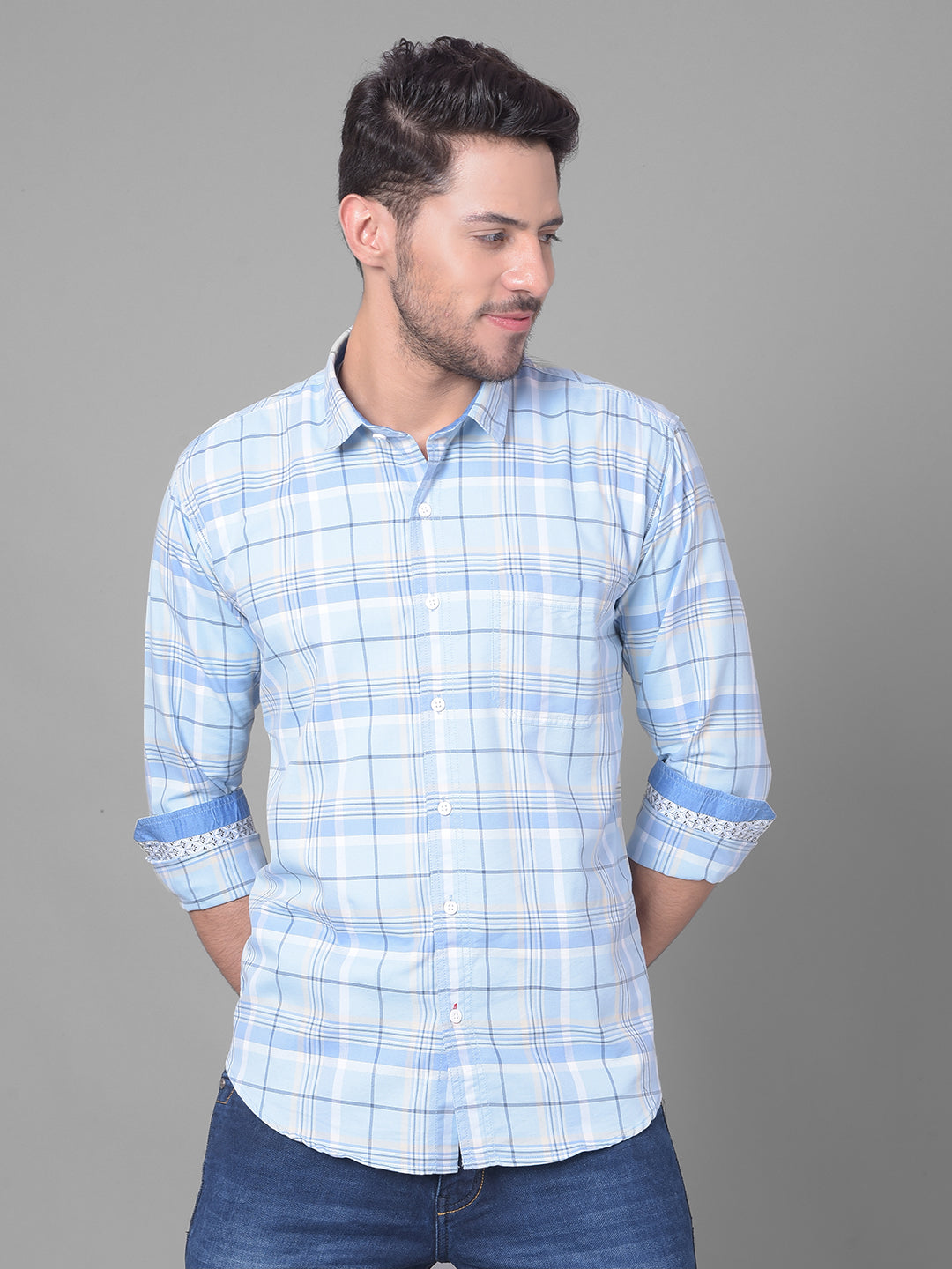 Cobb Sky Blue Check Slim Fit Casual Shirt