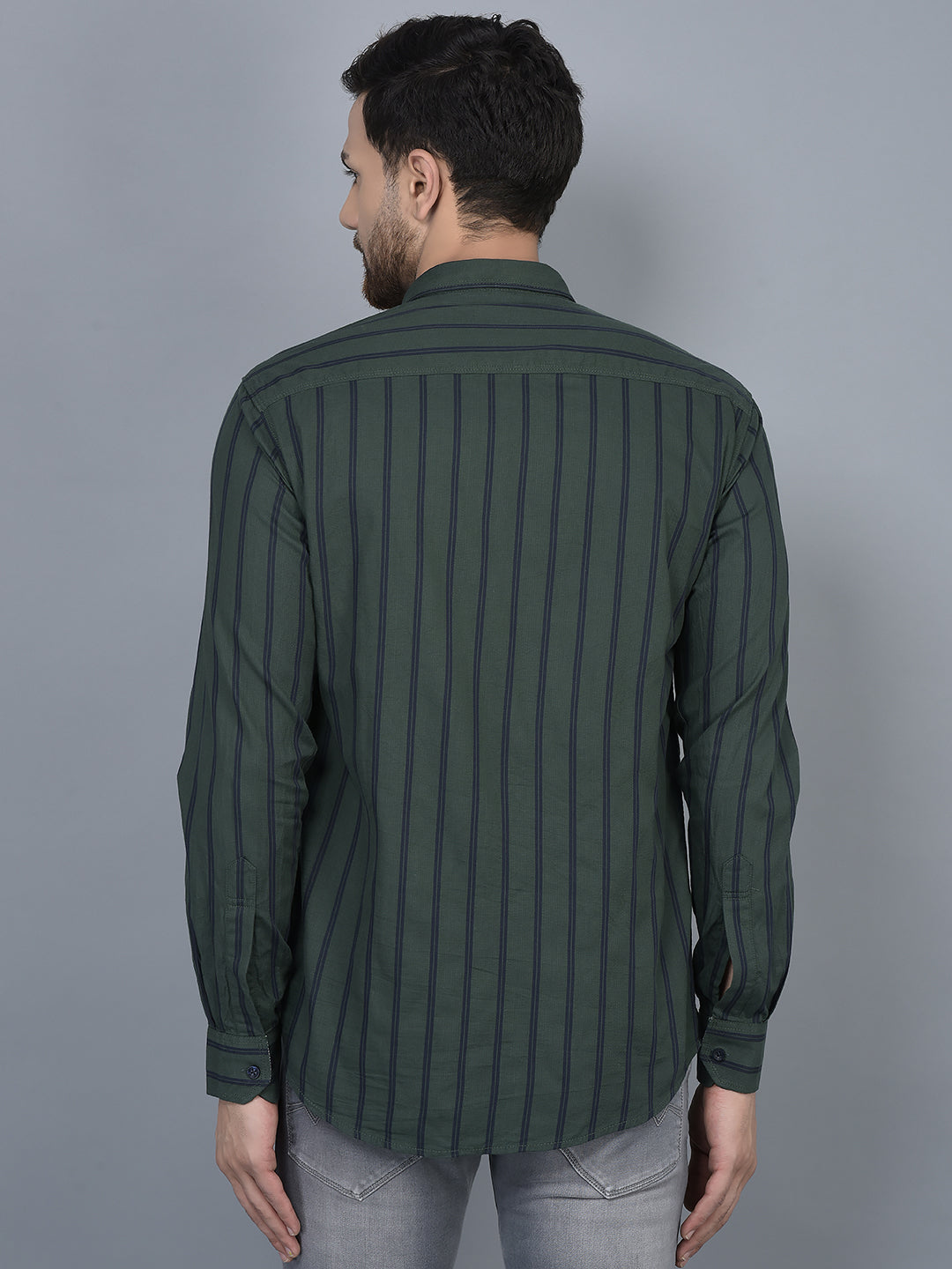 Cobb Dark Green Striped Slim Fit Casual Shirt