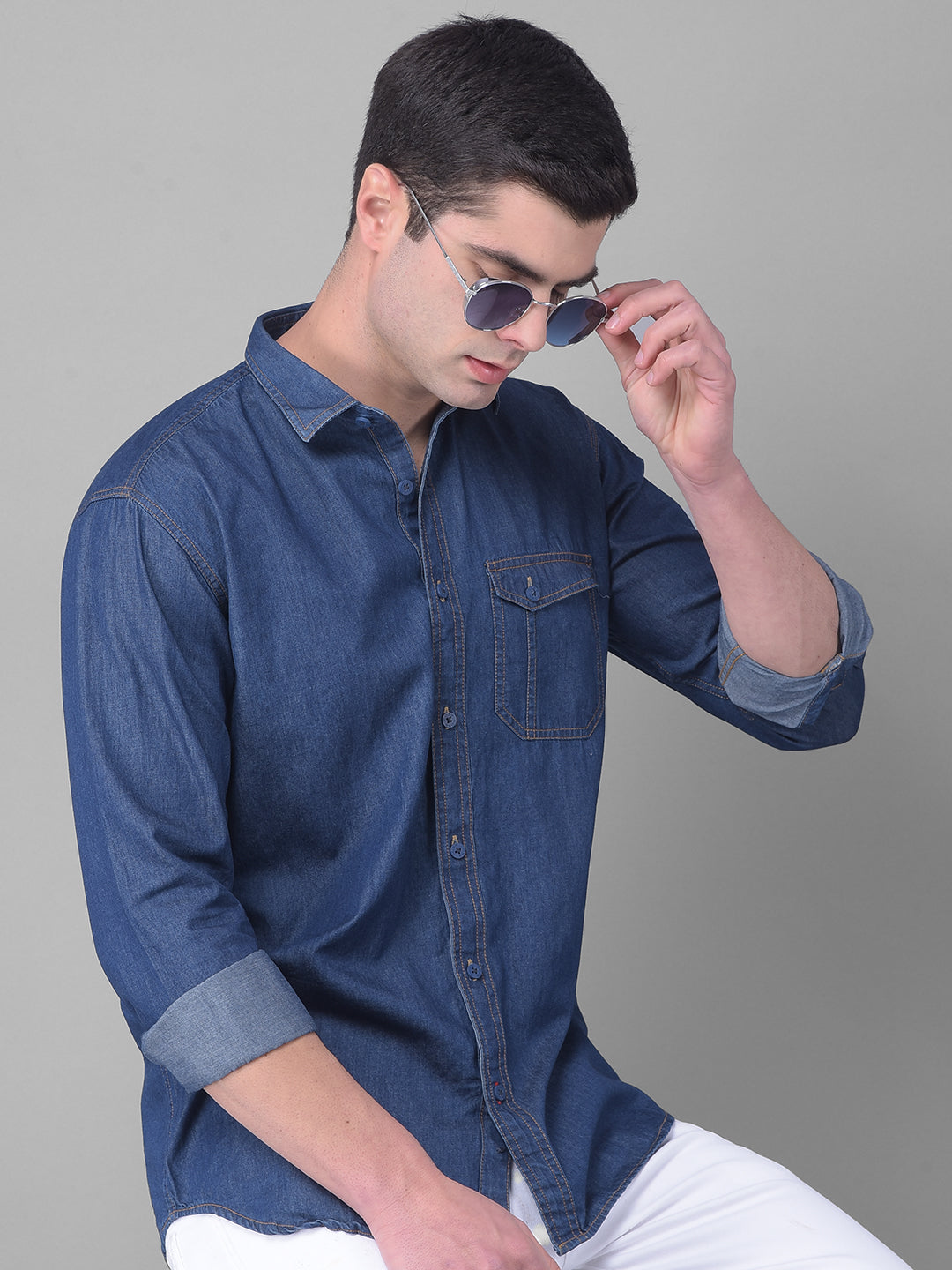cobb solid dark blue slim fit casual shirt