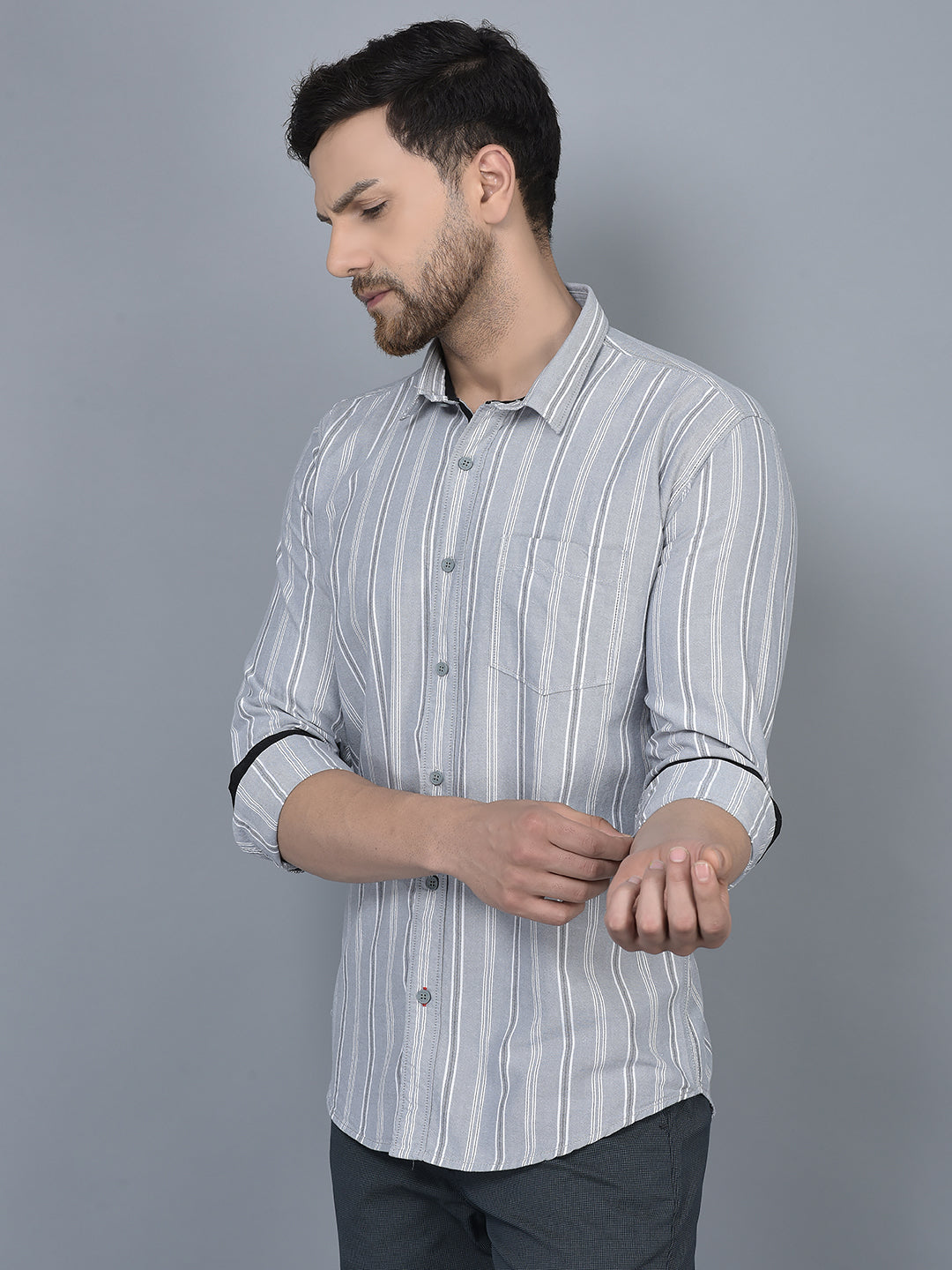 Cobb Grey Striped Slim Fit Casual Shirt