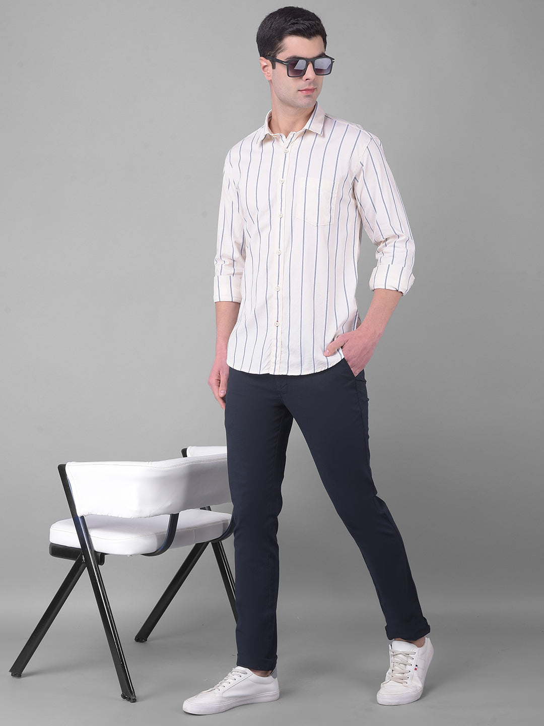 cobb beige striped slim fit casual shirt