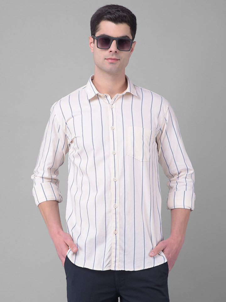 cobb beige striped slim fit casual shirt