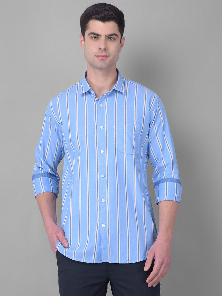 cobb sky blue striped slim fit casual shirt