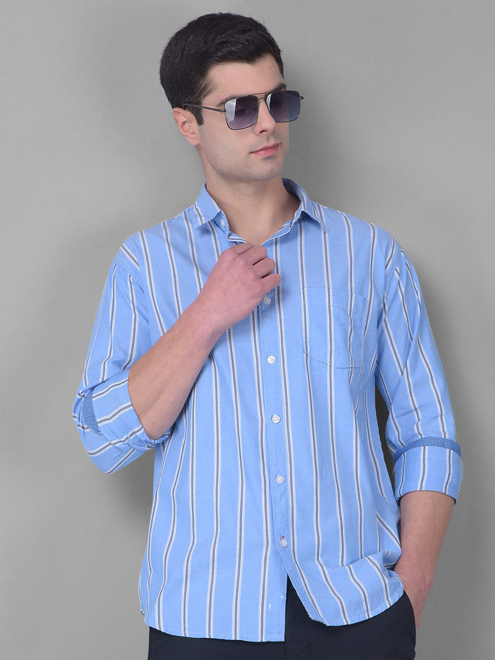 cobb sky blue striped slim fit casual shirt