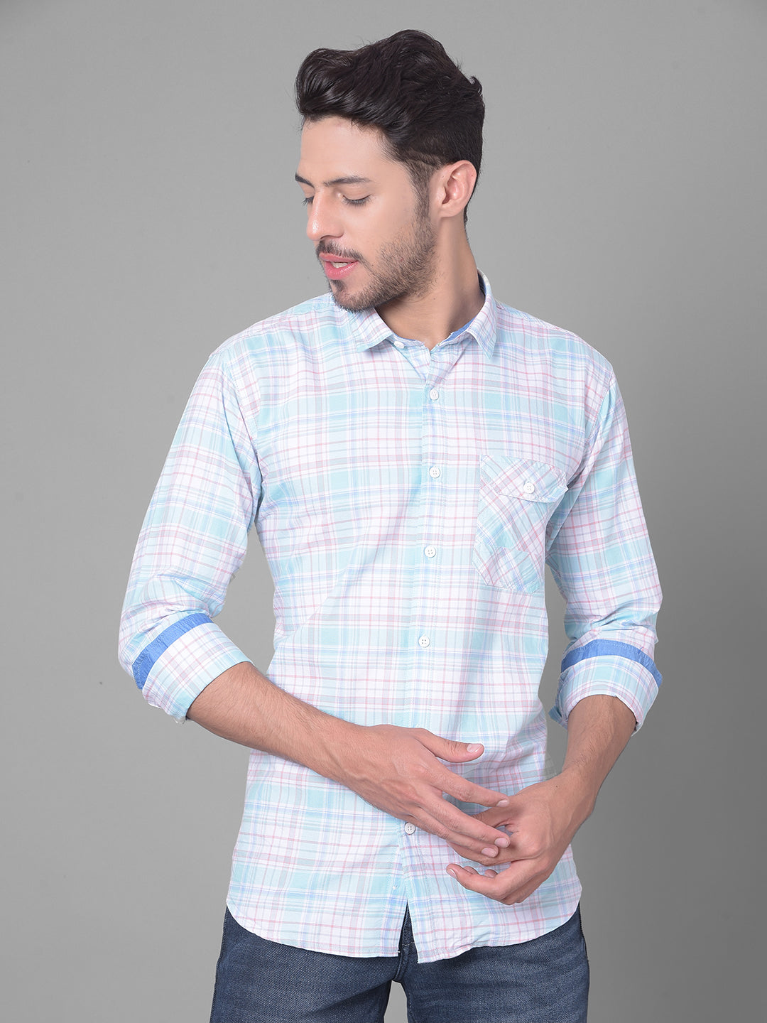 Cobb Turquoise Check Slim Fit Casual Shirt Turquoise