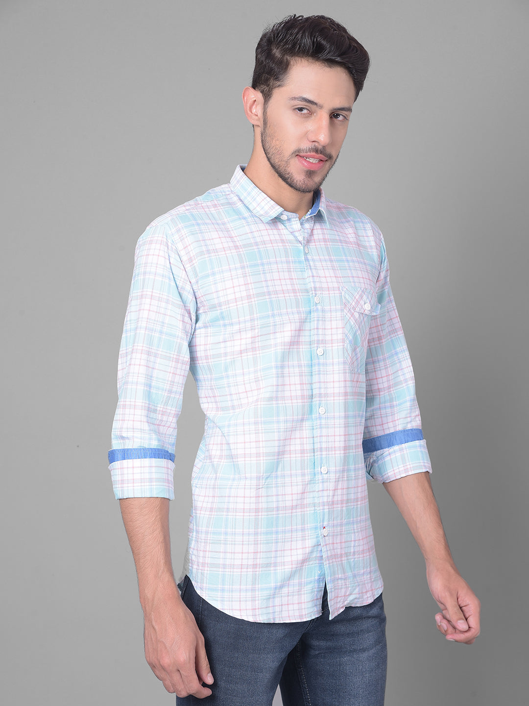 Cobb Turquoise Check Slim Fit Casual Shirt
