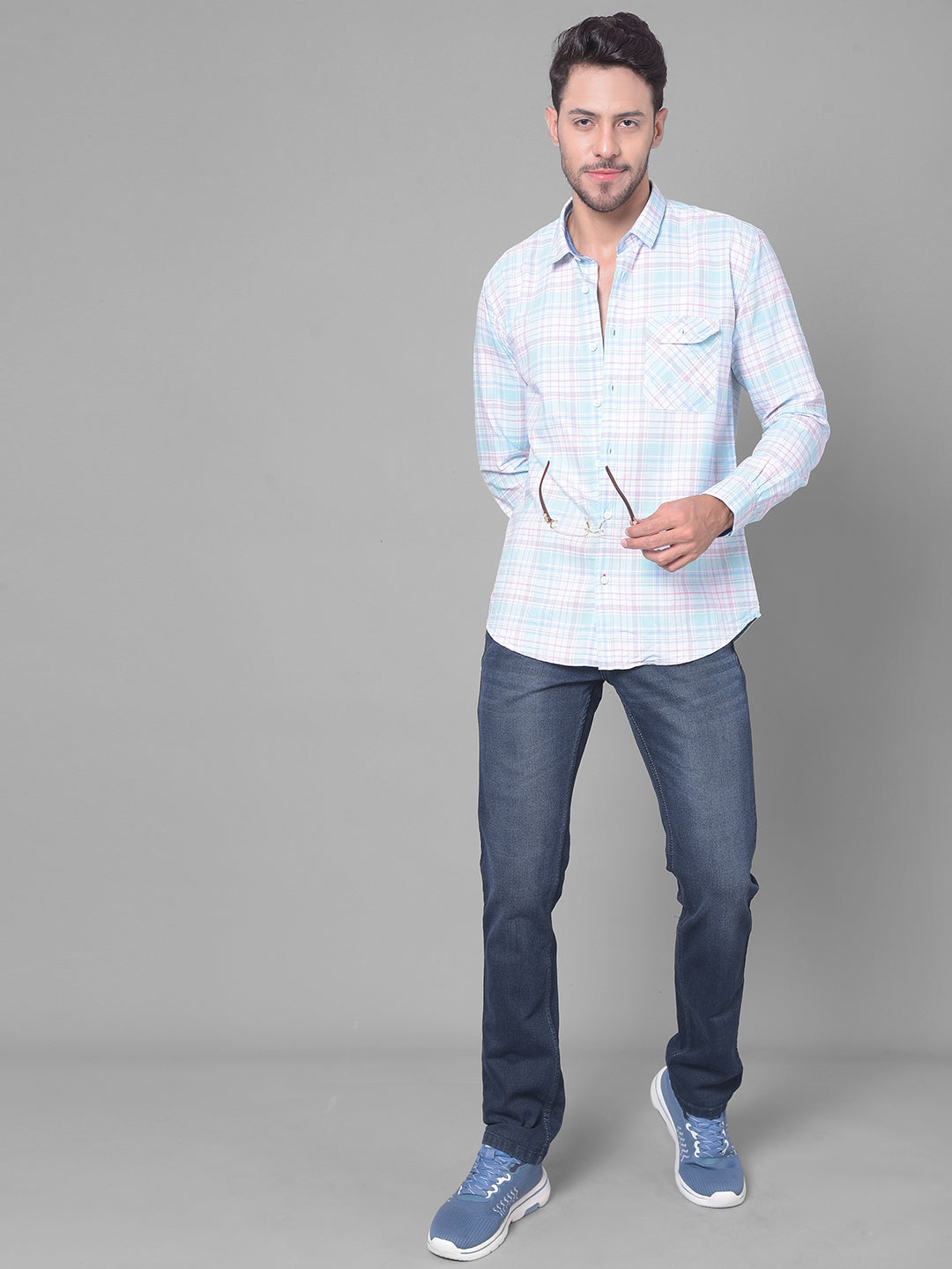 Cobb Turquoise Check Slim Fit Casual Shirt