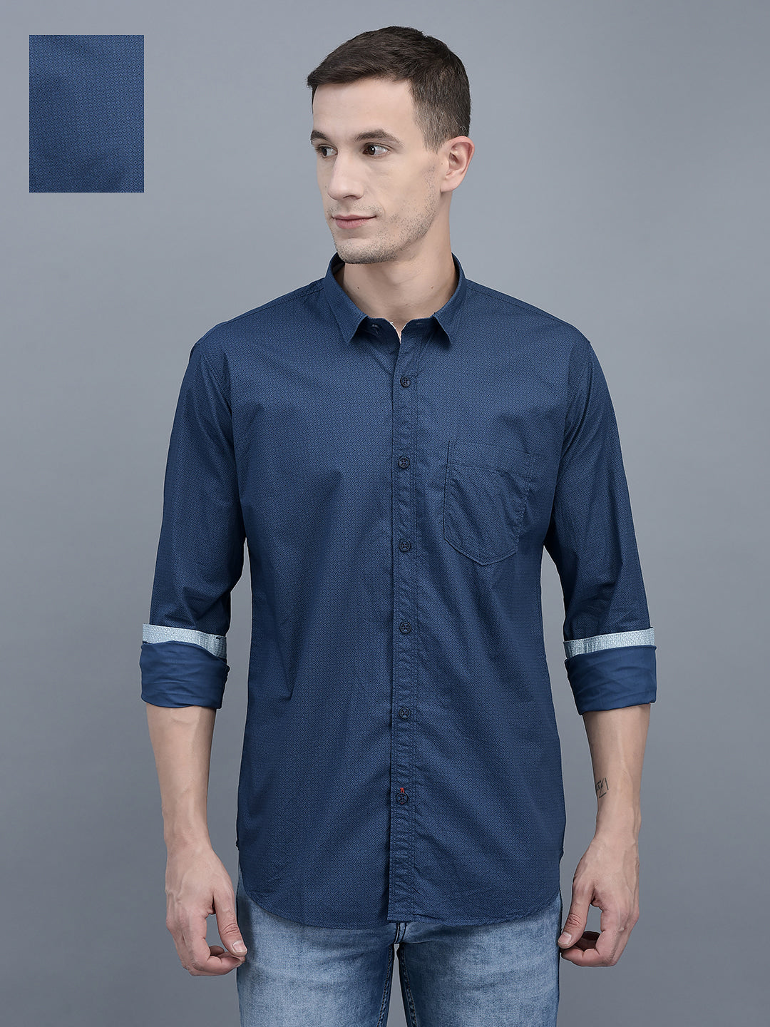 Cobb Navy Blue Printed Slim Fit Casual Shirt Navy Blue
