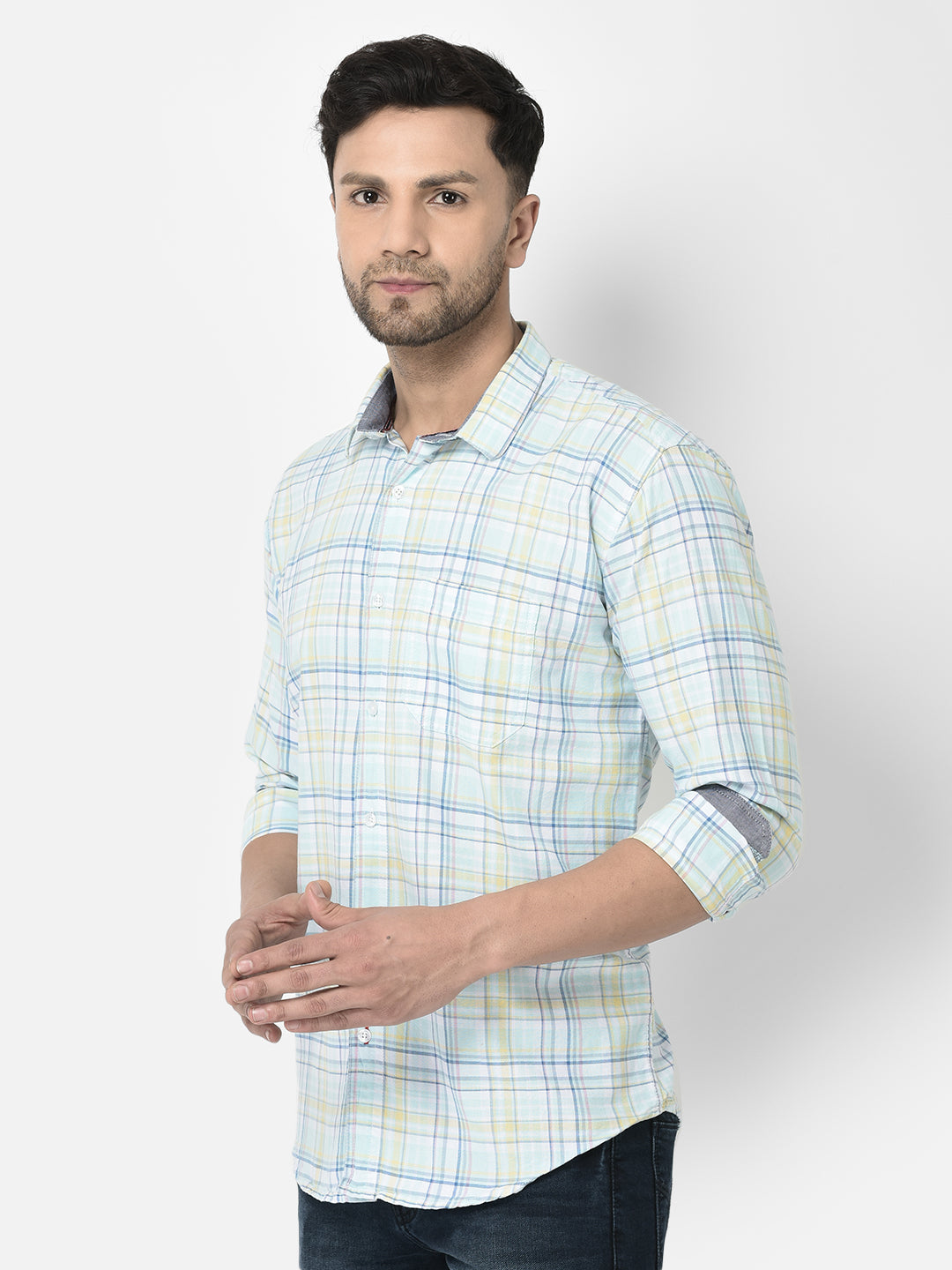 Cobb Sea Green Checked Slim Fit Casual Shirt