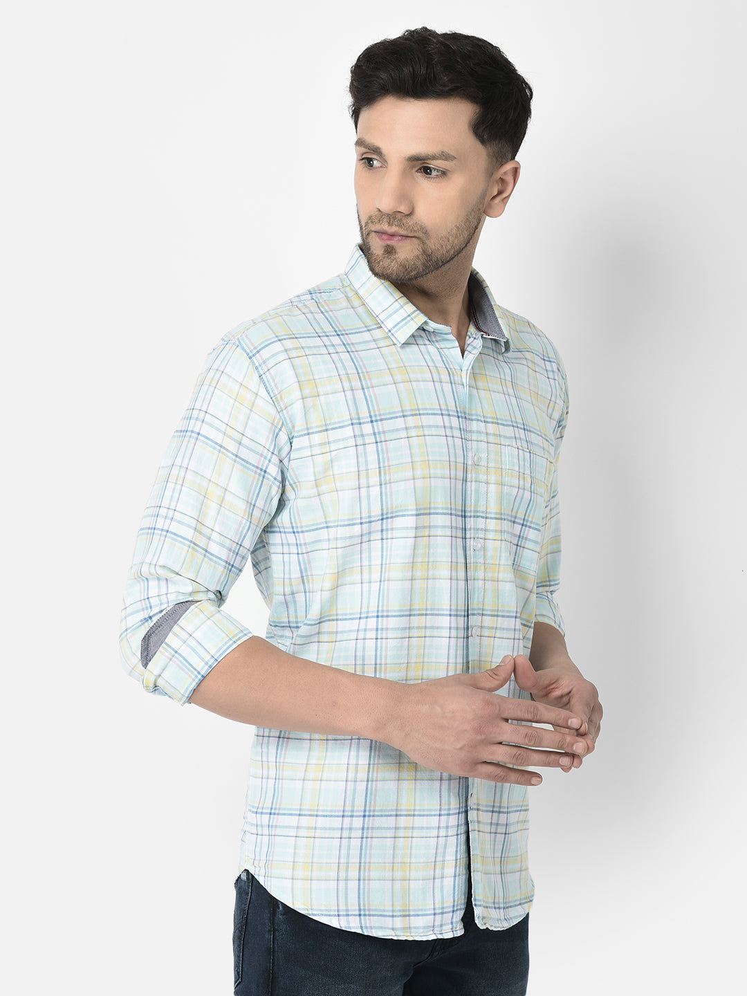 Cobb Sea Green Checked Slim Fit Casual Shirt