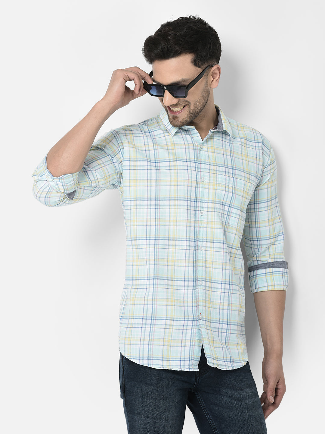 Cobb Sea Green Checked Slim Fit Casual Shirt Sea Green