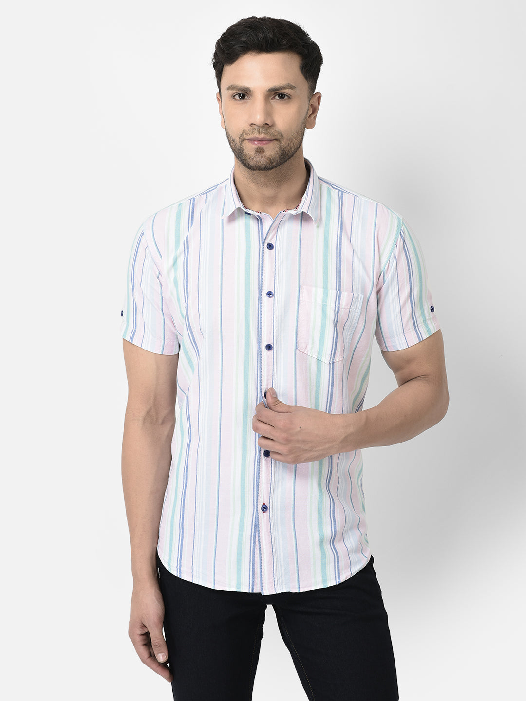 Cobb Green Striped Slim Fit Half Sleeve Casual Shirt