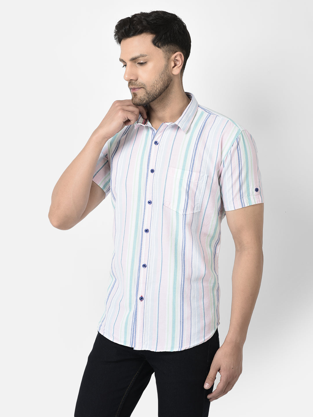 Cobb Green Striped Slim Fit Half Sleeve Casual Shirt