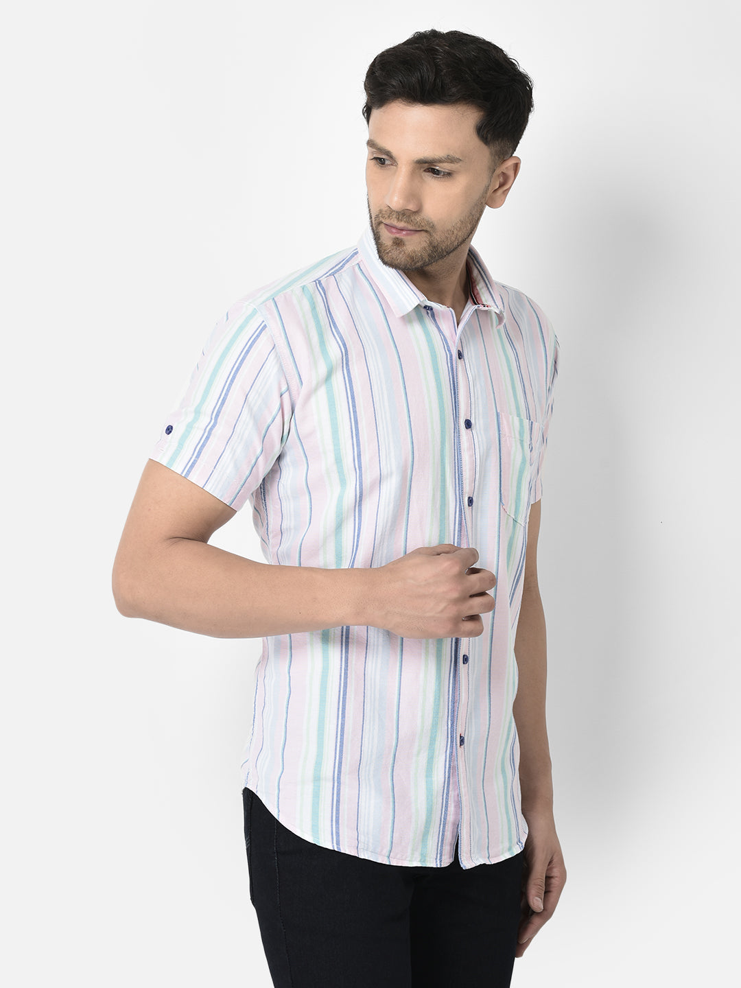 Cobb Green Striped Slim Fit Half Sleeve Casual Shirt