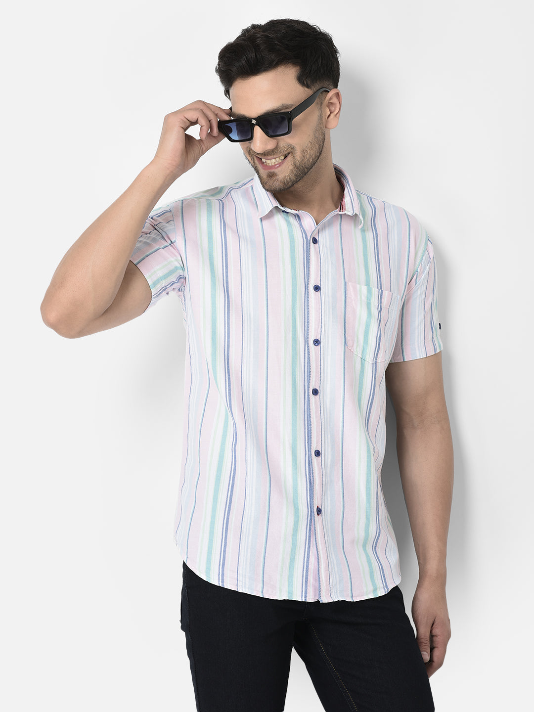 Cobb Green Striped Slim Fit Half Sleeve Casual Shirt Green