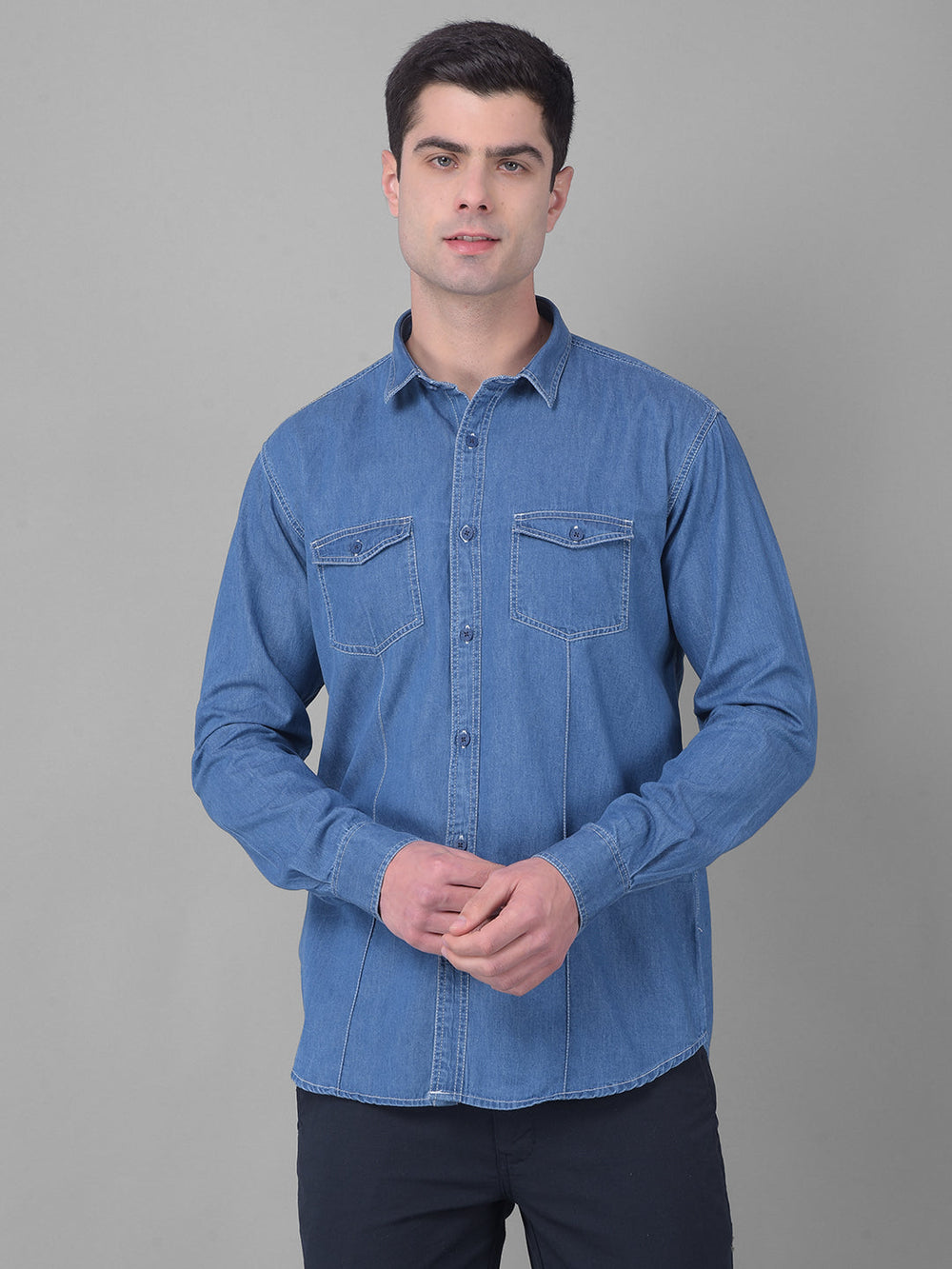 cobb solid denim blue slim fit casual shirt