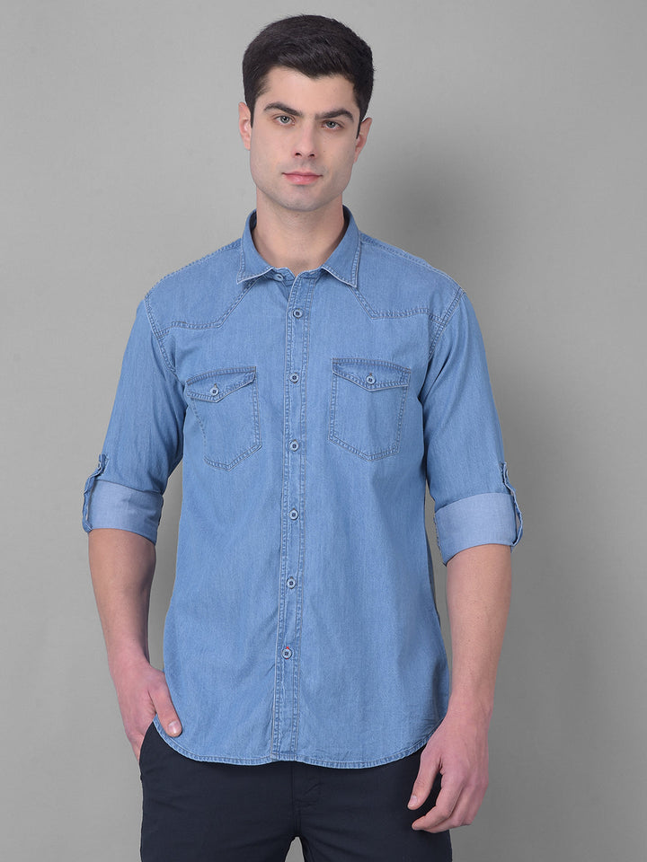 cobb solid azure blue slim fit casual shirt