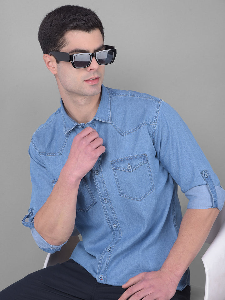 cobb solid azure blue slim fit casual shirt