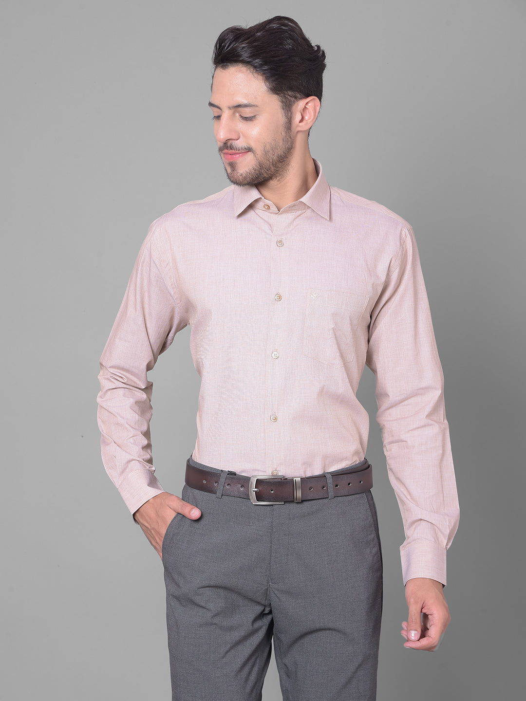 Cobb Beige Solid Smart Fit Formal Shirt Beige