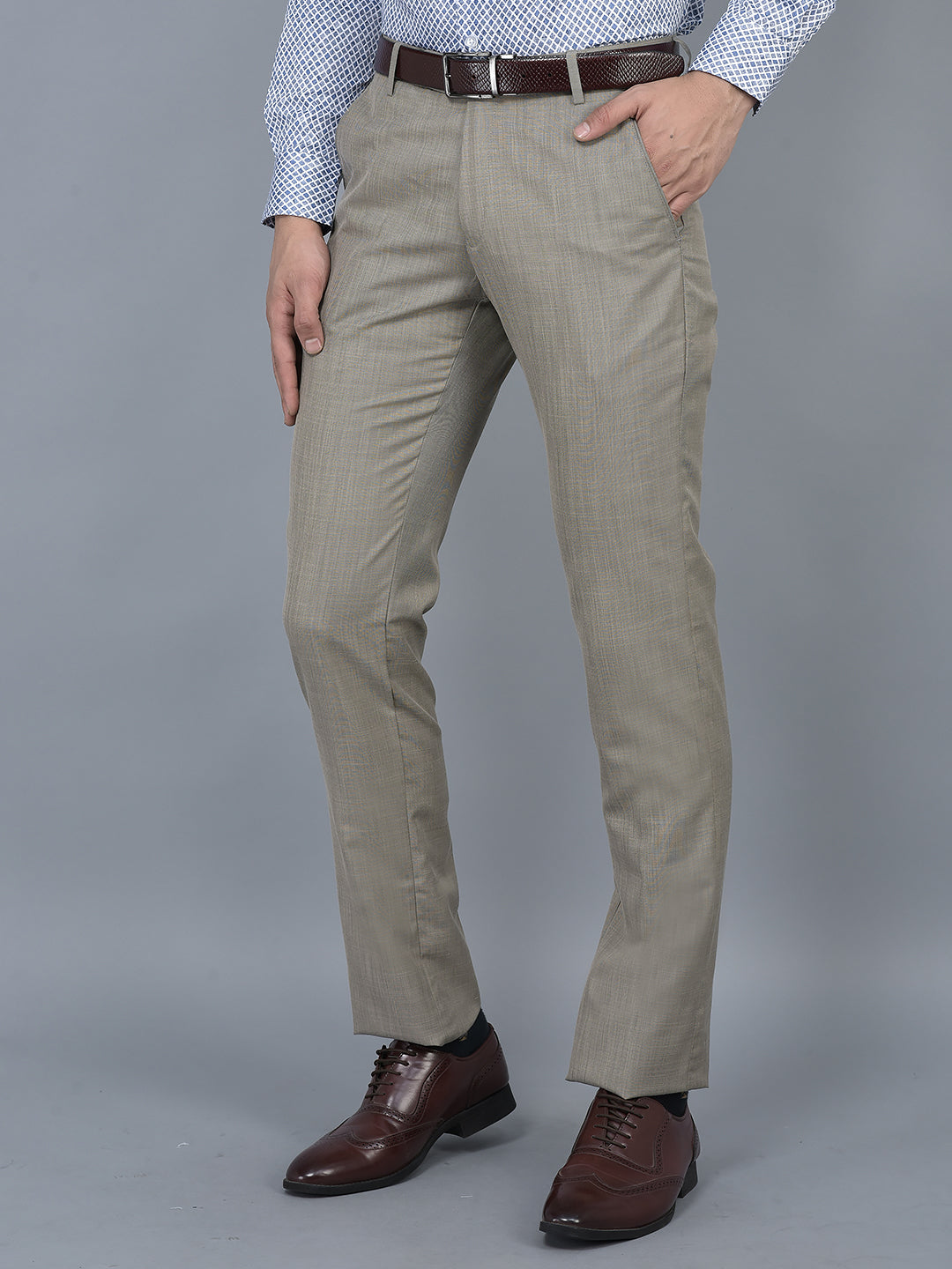 Buy Men Khaki Checked Regular Fit Formal Trousers online | Looksgud.in