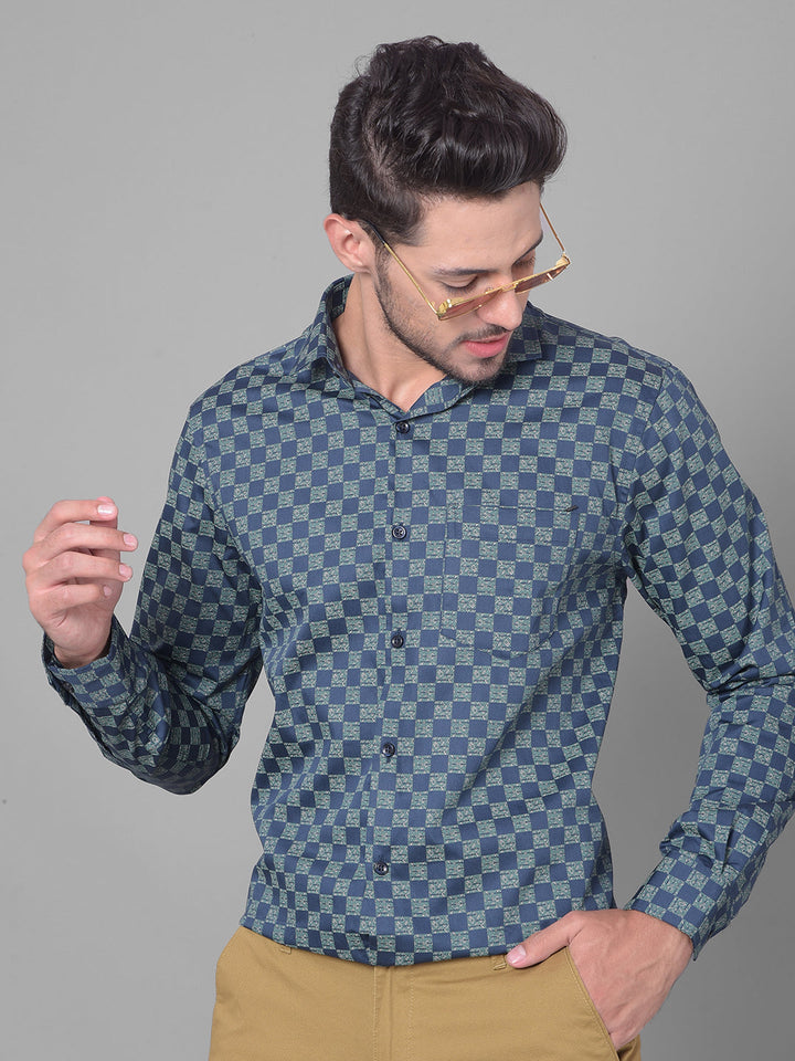 Cobb Blue Check Slim Fit Party Wear Shirt Blue