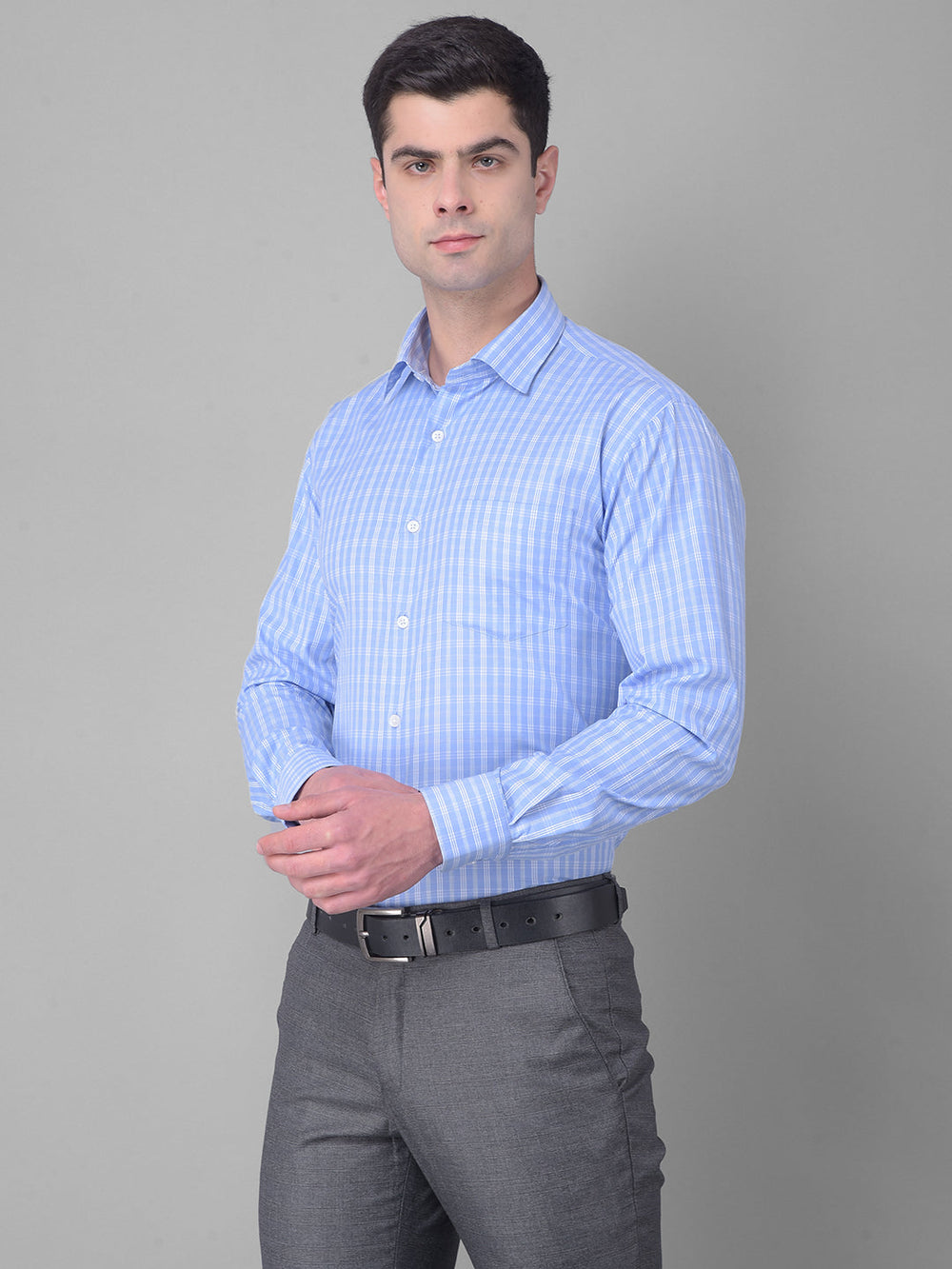 cobb sky blue checked smart fit formal shirt