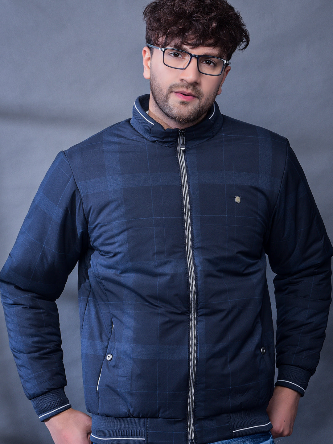 Cobb Navy Blue Solid Round Neck Jacket