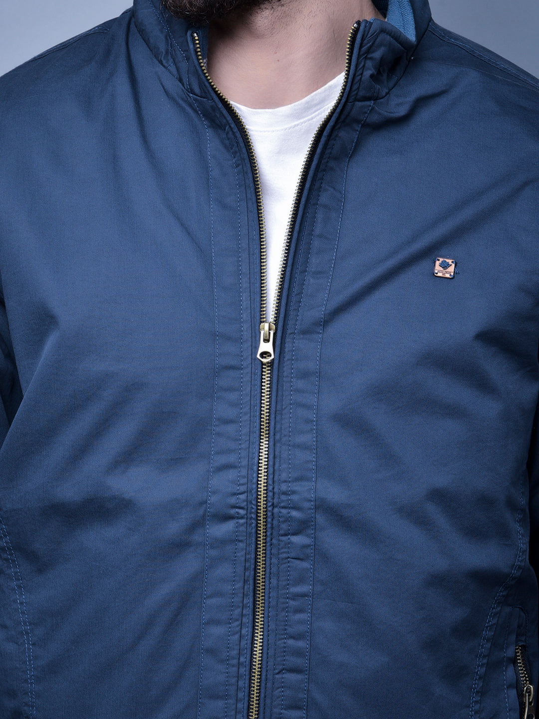 Cobb Navy Blue Solid Round Neck Jacket
