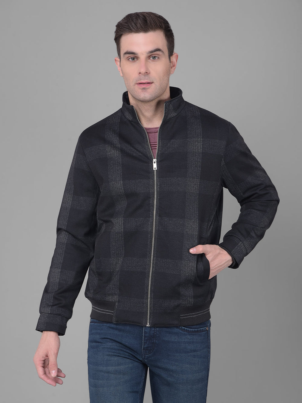 cobb black checked mock collar jacket