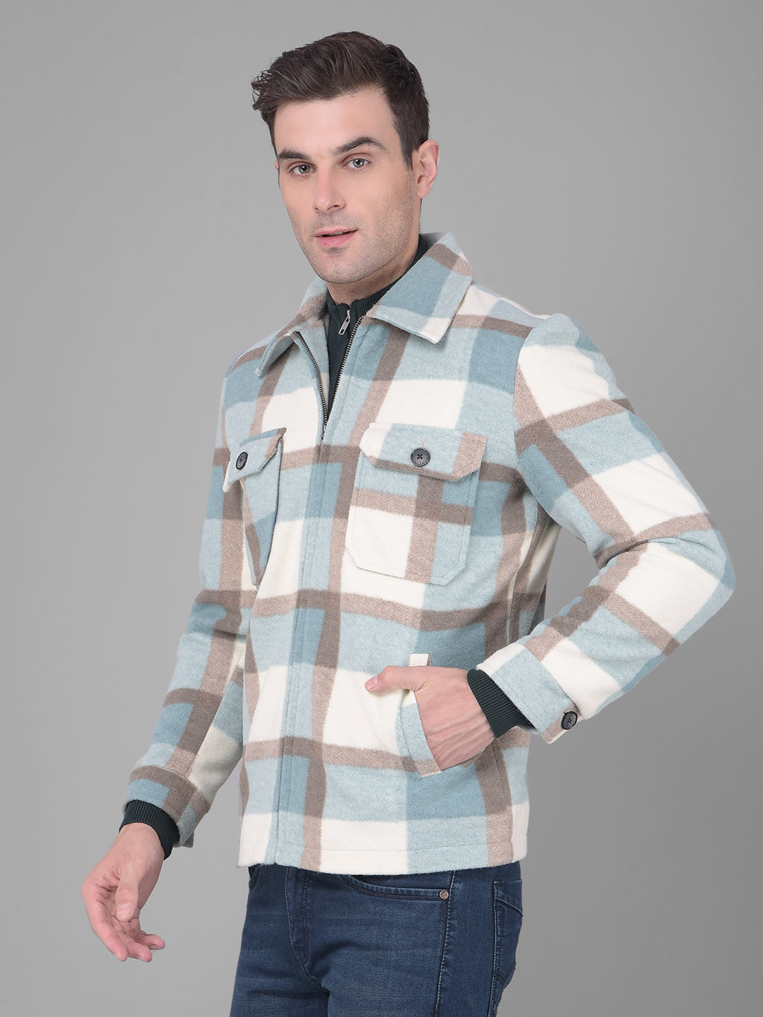 cobb turquoise checked collar neck jacket