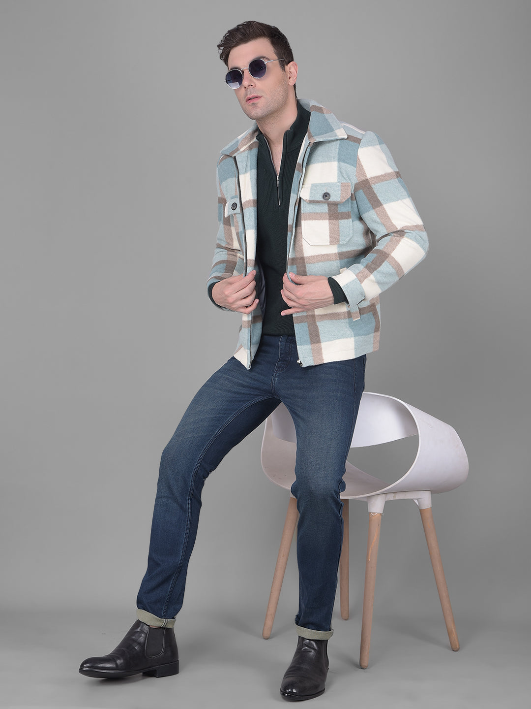 COBB TURQUOISE CHECKED COLLAR NECK JACKET