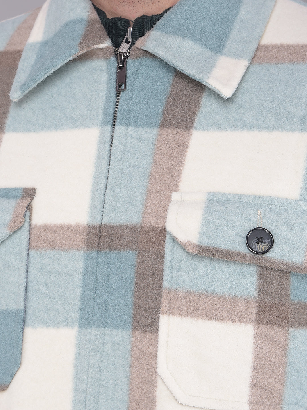 COBB TURQUOISE CHECKED COLLAR NECK JACKET